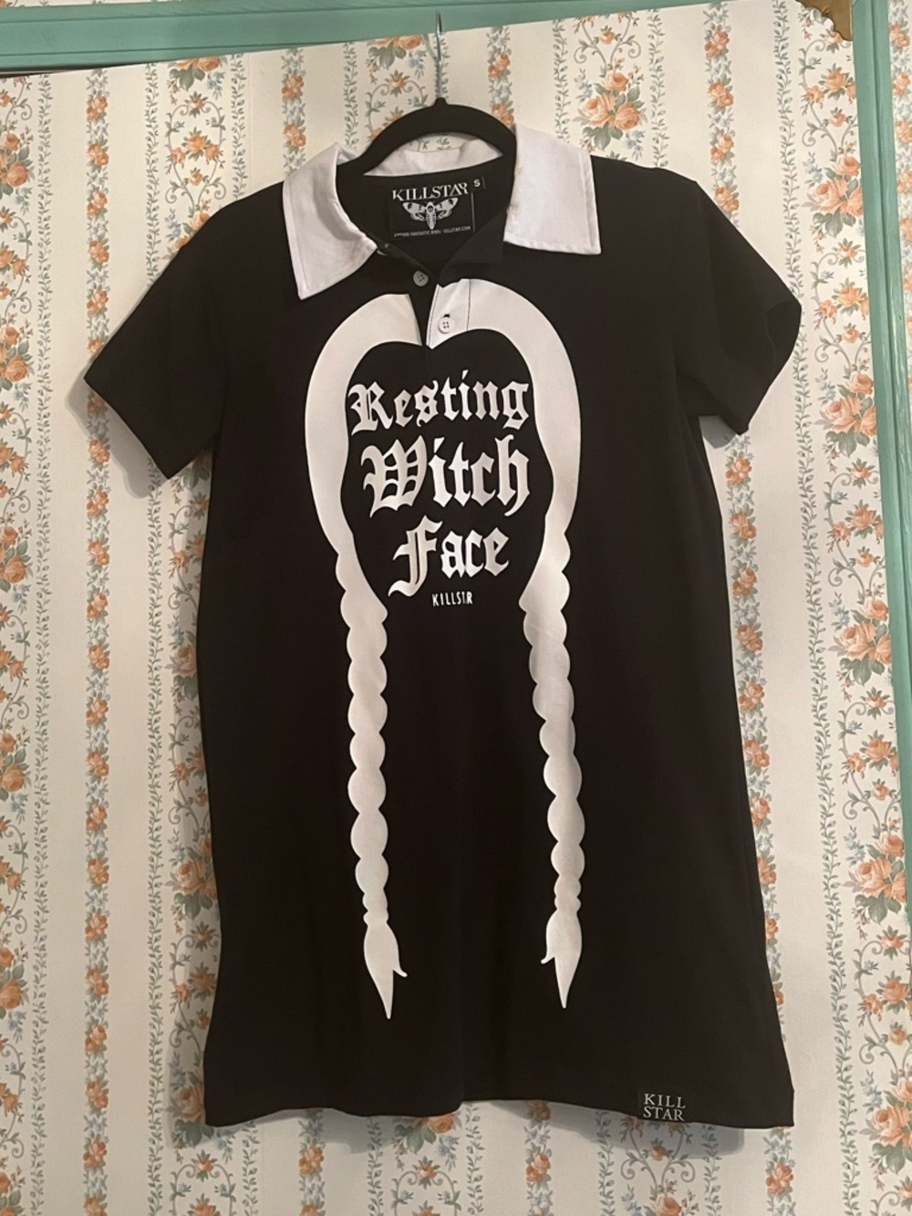 Killstar Wednesday Addams “Resting Witch Face” Long Black Shirt White Collar